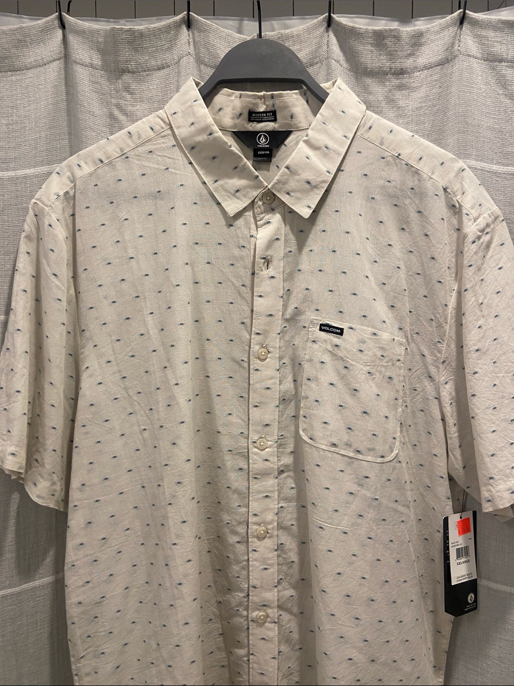 Volcom Men’s Cream Short-Sleeve Button-Down Shirt with Blue Dot Pattern